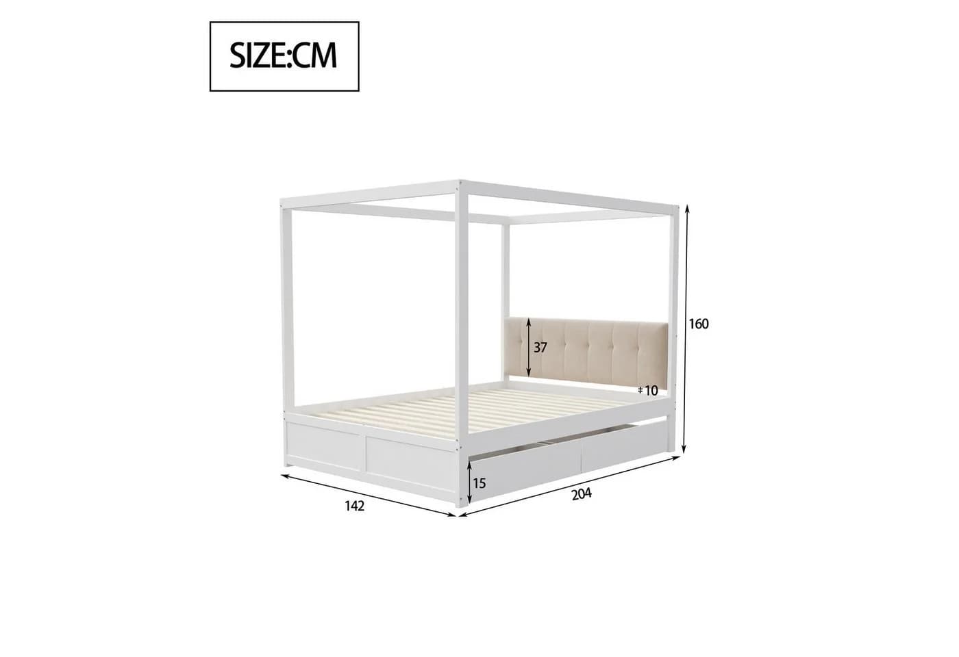 Odikalo Himmelbett Weiß mit Schubladen und gepolsterter Rückenlehne