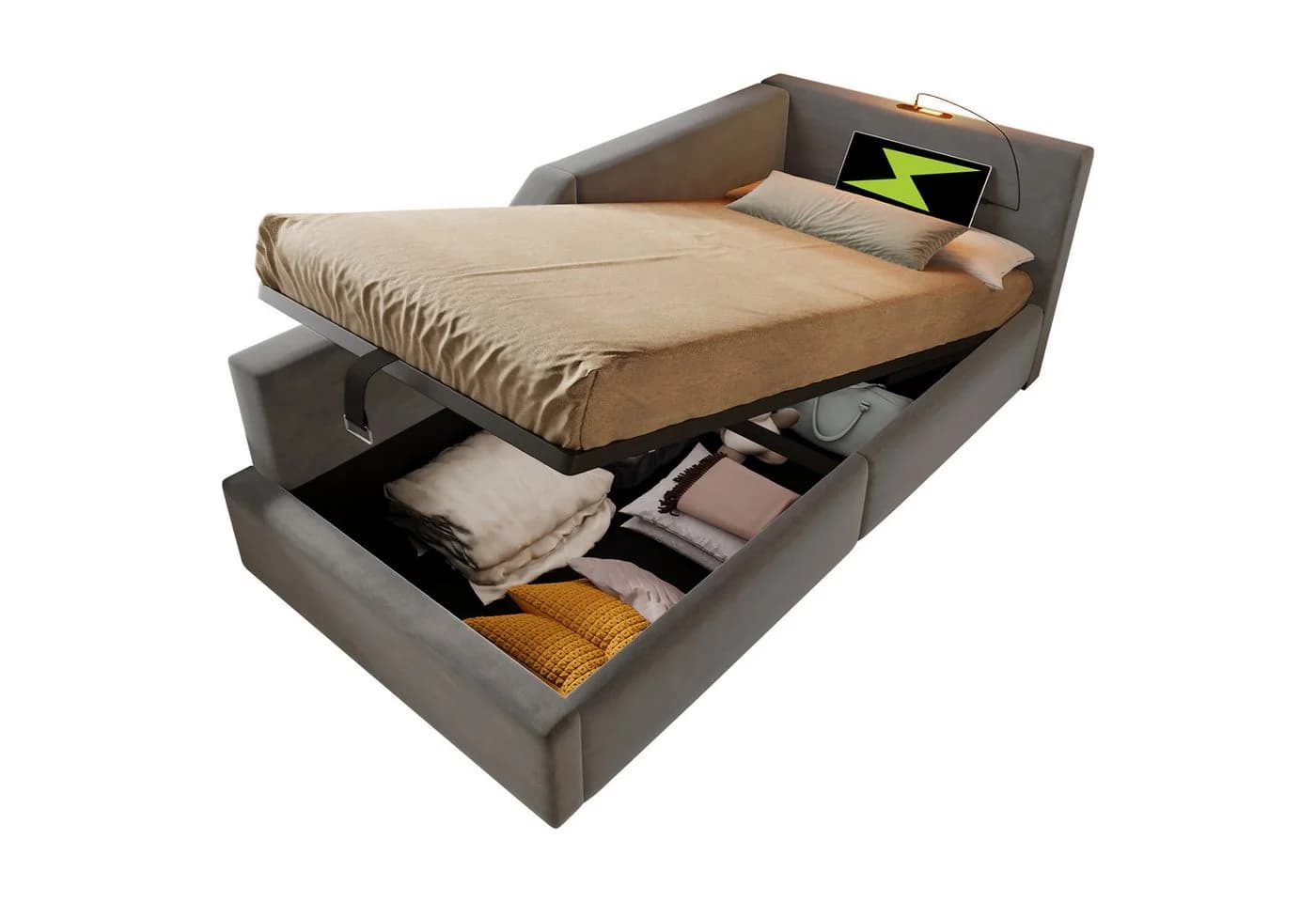 Odikalo Schlafsofa mit Stauraum, USB-C & Leselicht Grau Samt - Bild 2