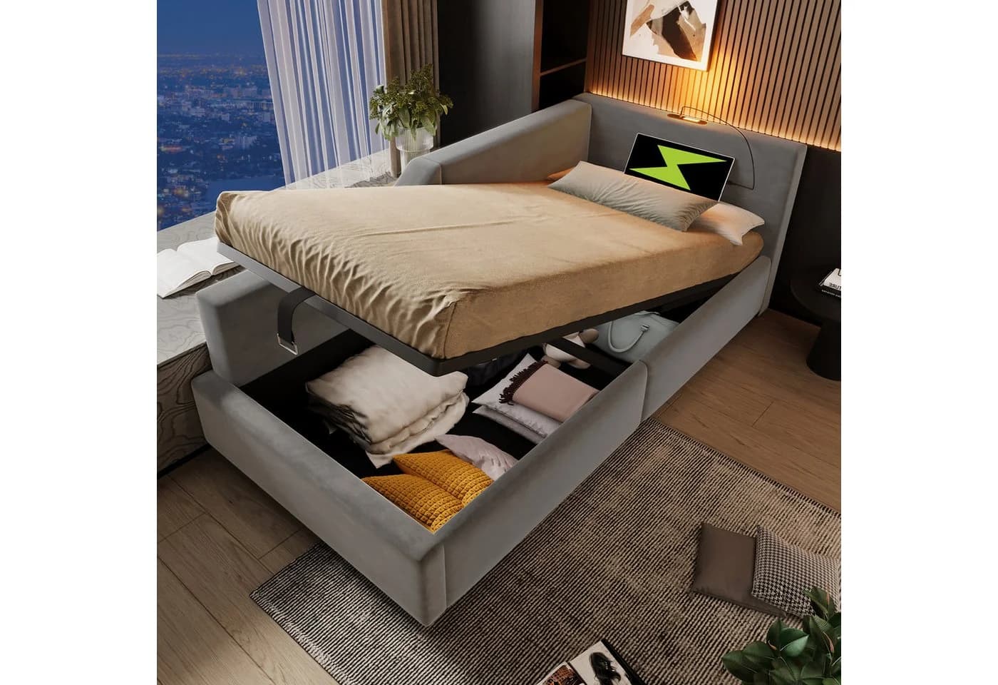 Odikalo Schlafsofa mit Stauraum, USB-C & Leselicht Grau Samt - Bild 3