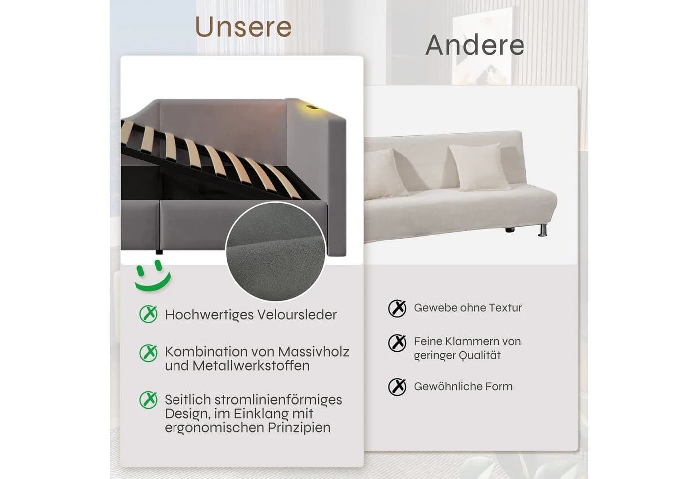 Odikalo Schlafsofa mit Stauraum, USB-C & Leselicht Grau Samt - Bild 5