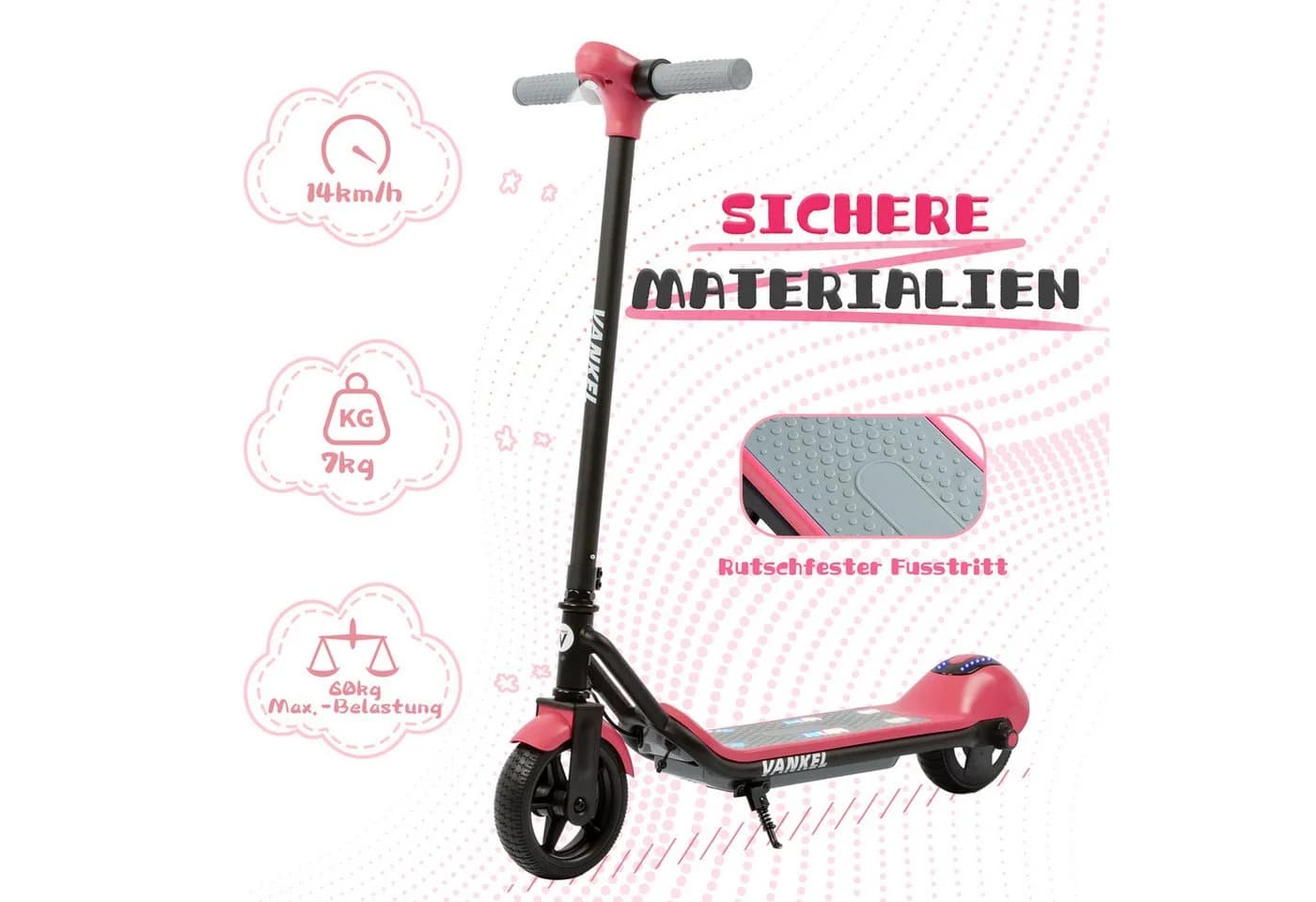 Vankel Elektro-Kinderroller Cityroller, E-Scooter für Kinder, 6-12 Jahre, Bluetooth, Bunte Lichter, 14km/h, bis zu 10km, nur 7kg, Tragfähigkeit 60 kg