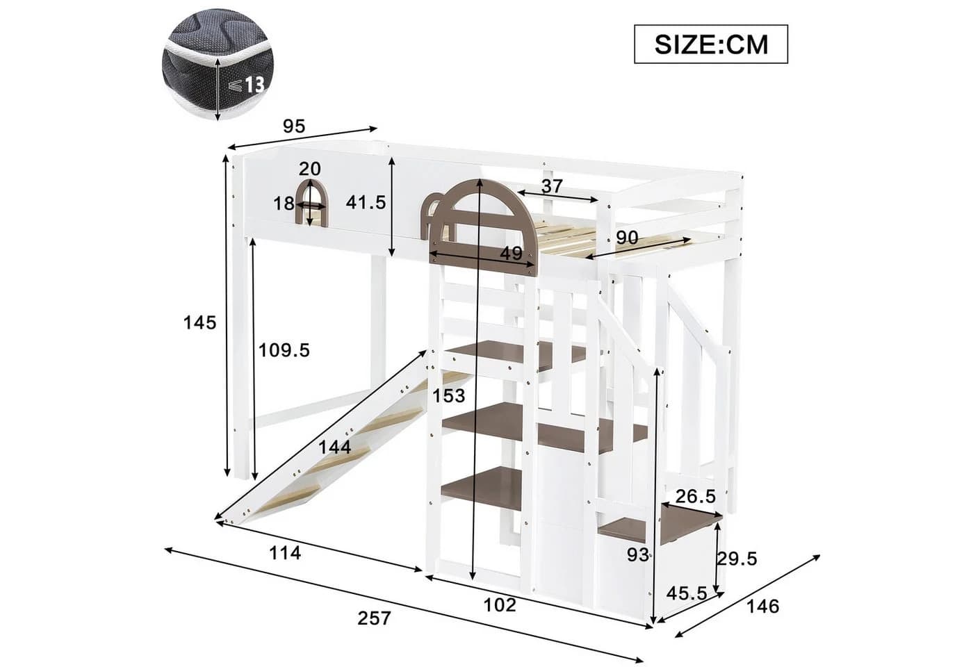 Odikalo Hochbett 90x200 Kinderbett mit Rutsche und Stauraum - Bild 5
