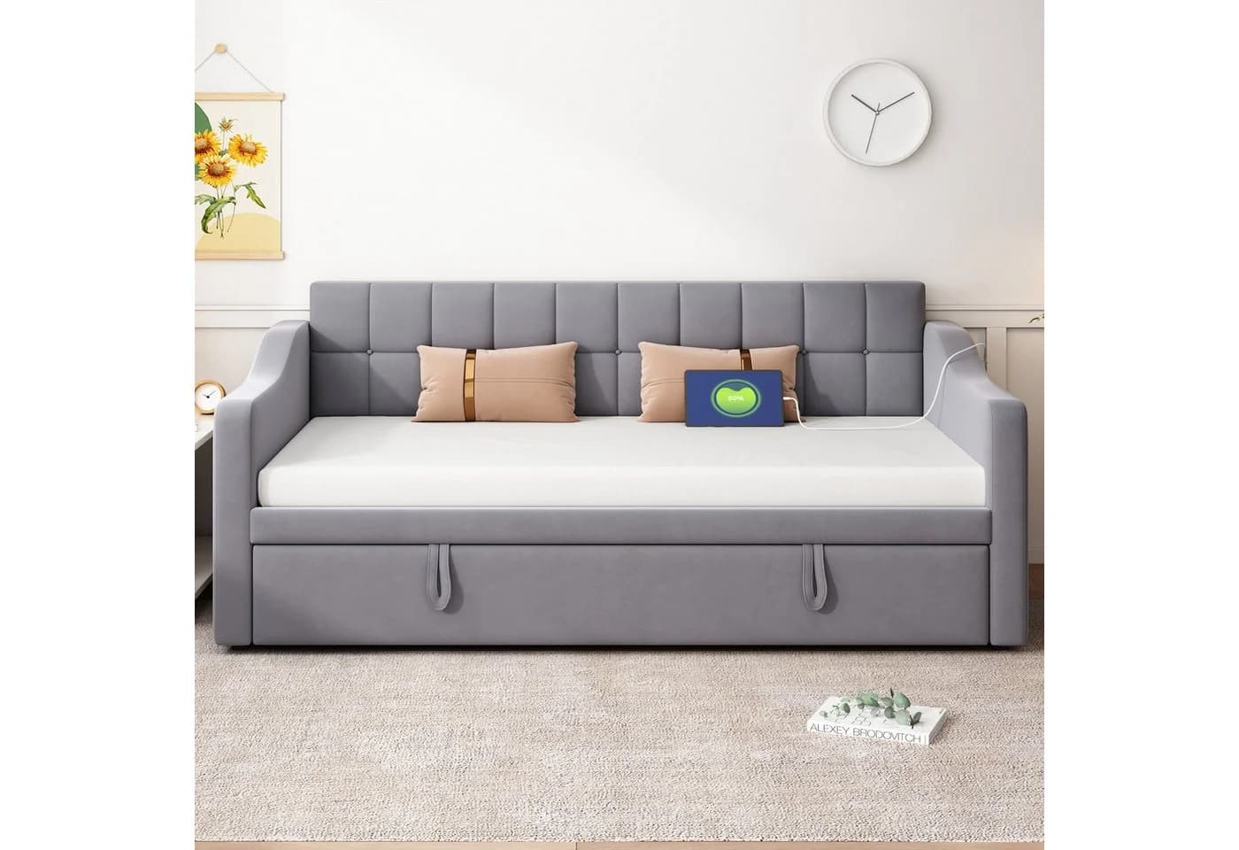 Odikalo Schlafsofa Schlafcouch 90x190 Grau Samt - Bild 3