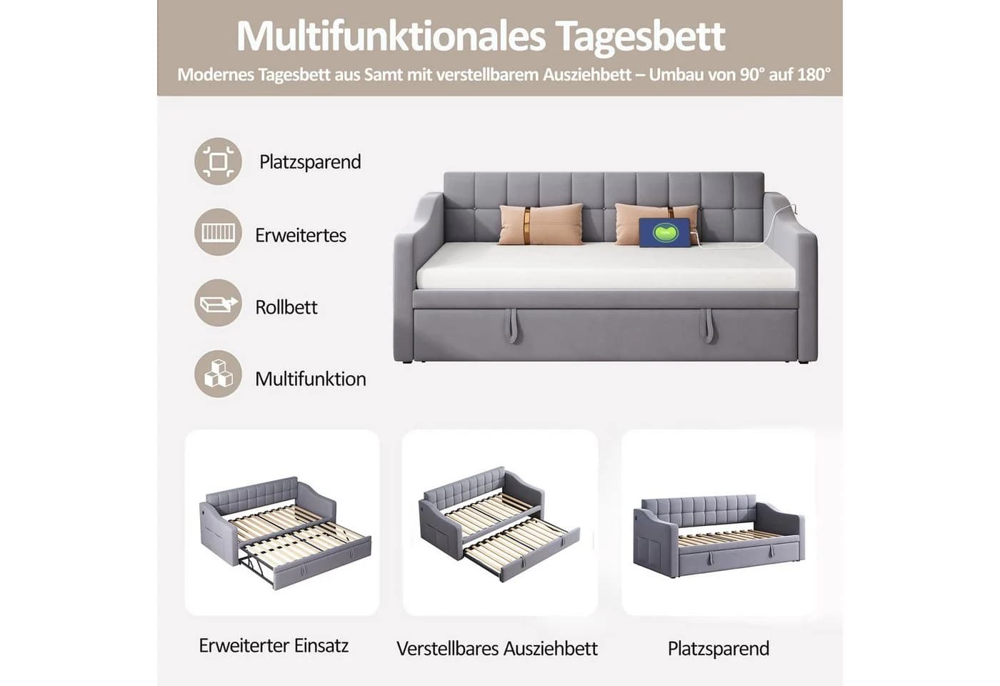 Odikalo Schlafsofa Schlafcouch 90x190 Grau Samt - Bild 4