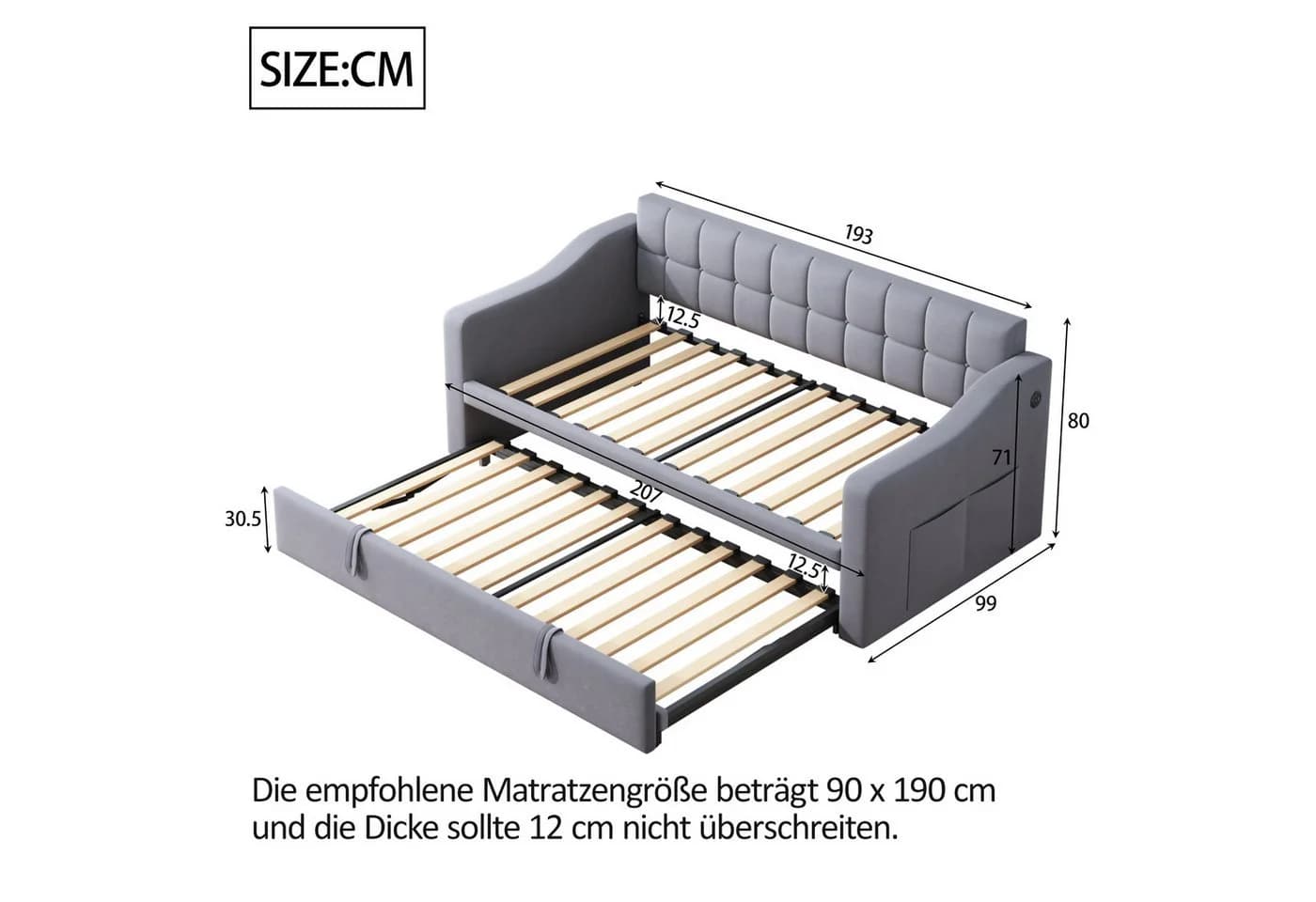 Odikalo Schlafsofa Schlafcouch 90x190 Grau Samt - Bild 5