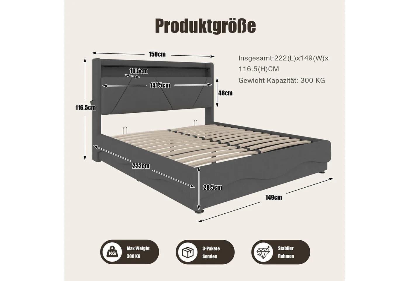 Odikalo Stauraumbett Samt Grau/Beige mit Regal & Gasdruck-Lattenrost - Bild 4