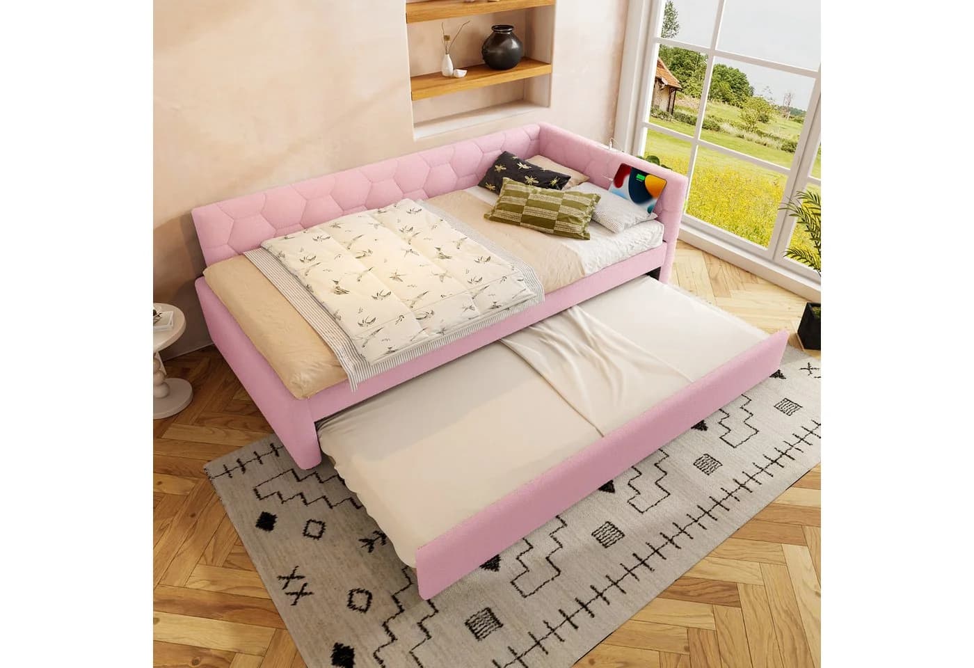 Odikalo Ausziehbett Daybett mit USB & Lampe Weiß/Rosa - Bild 2