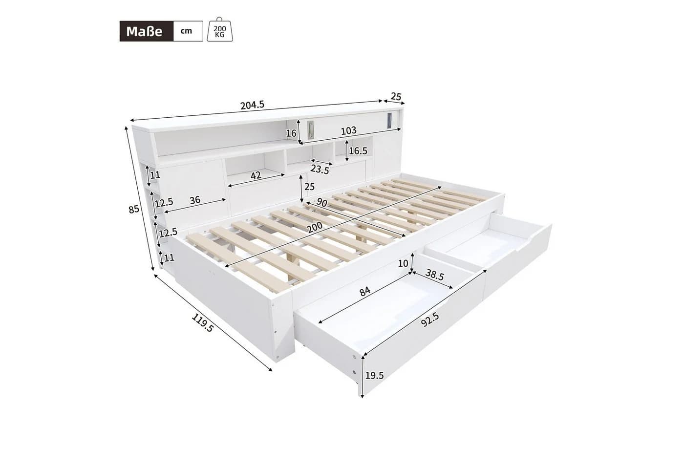 Odikalo Daybett Schlafsofa Stauraumbett Holzbett Schubladen Regale 90x200cm Weiß - Bild 5