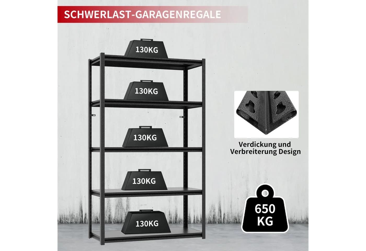 Odikalo Schwerlastregal Schwarz 650 kg Tragkraft Höhenverstellbar - Bild 4