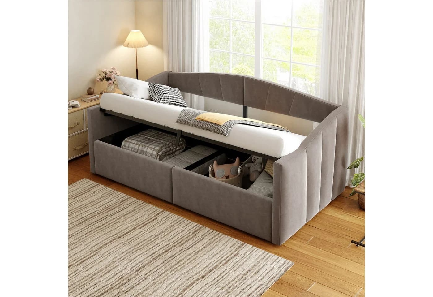 Odikalo Schlafsofa mit Bettkasten Grau Samt