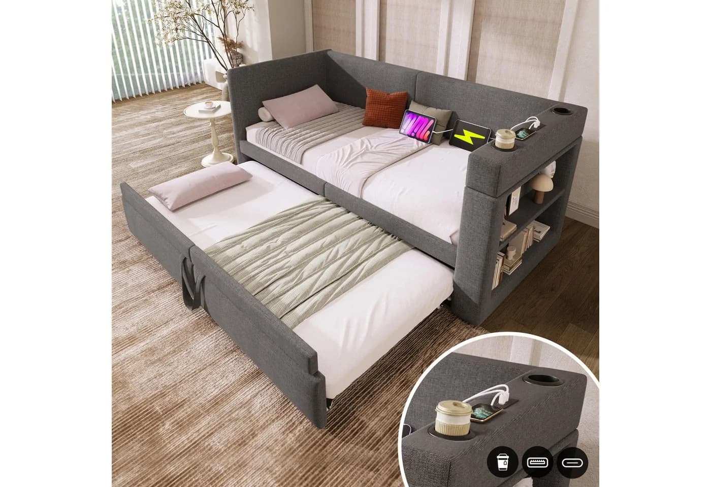 Odikalo Schlafsofa mit Ausziehbett & Getränkehalter Leinen