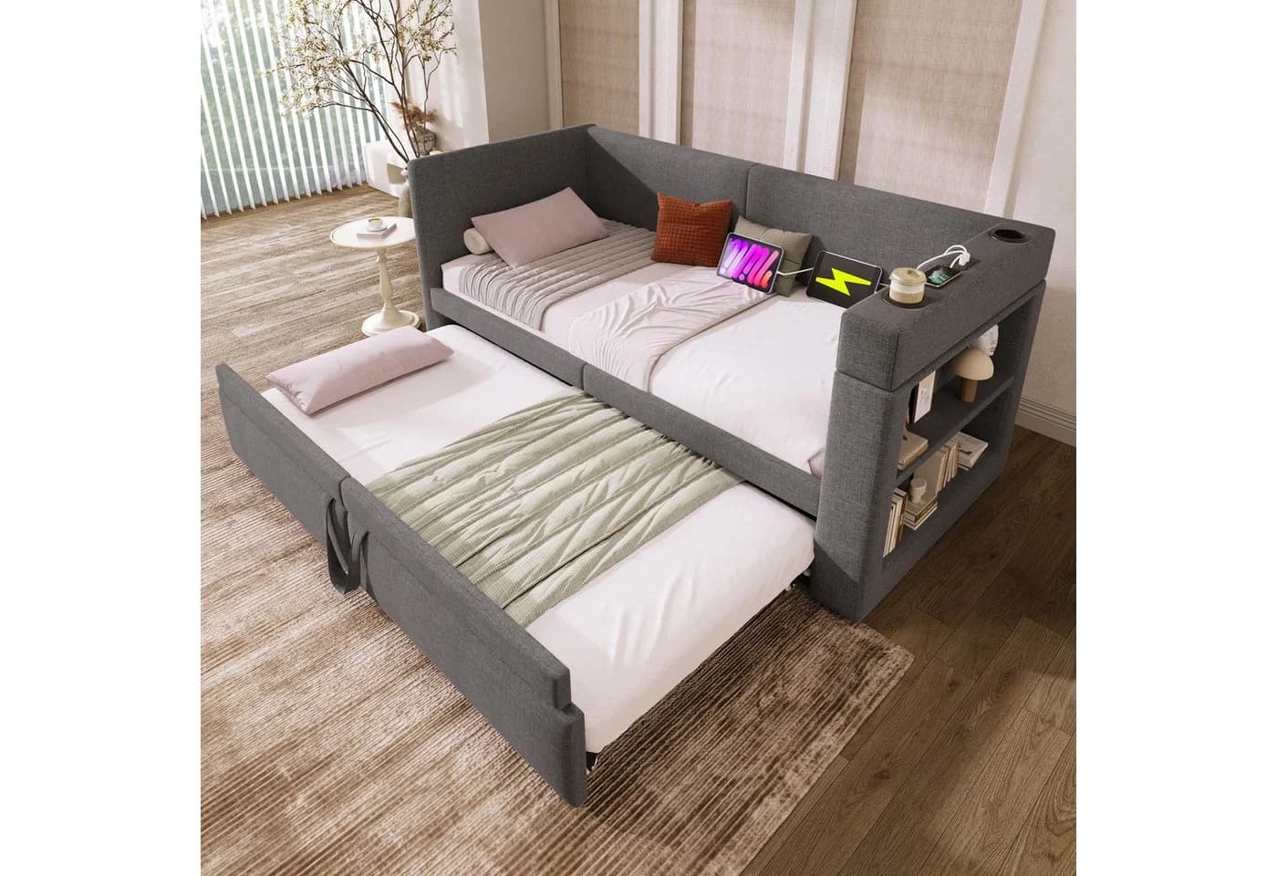 Odikalo Schlafsofa mit Ausziehbett & Getränkehalter Leinen - Bild 2