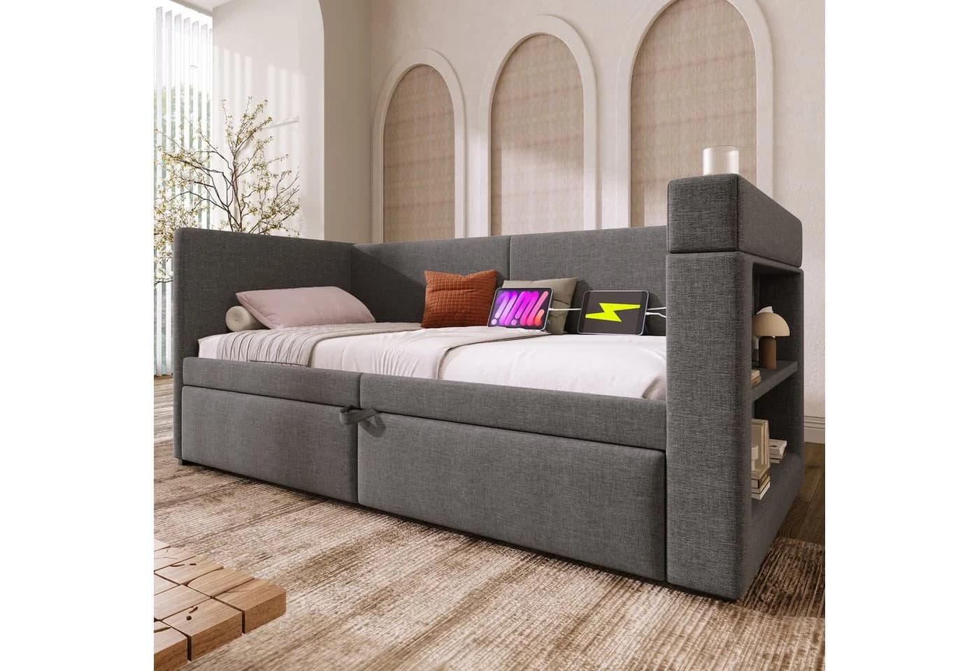 Odikalo Schlafsofa mit Ausziehbett & Getränkehalter Leinen - Bild 3