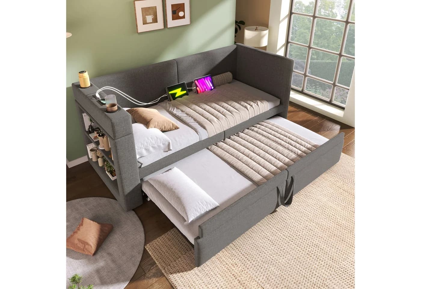 Odikalo Schlafsofa mit Ausziehbett & Getränkehalter Leinen - Bild 4