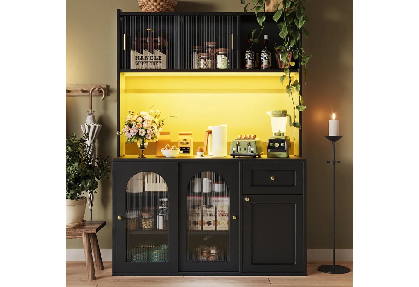 Odikalo Küchenbuffet Weiß mit Glasschiebetüren und Kippschutz - Bild 3