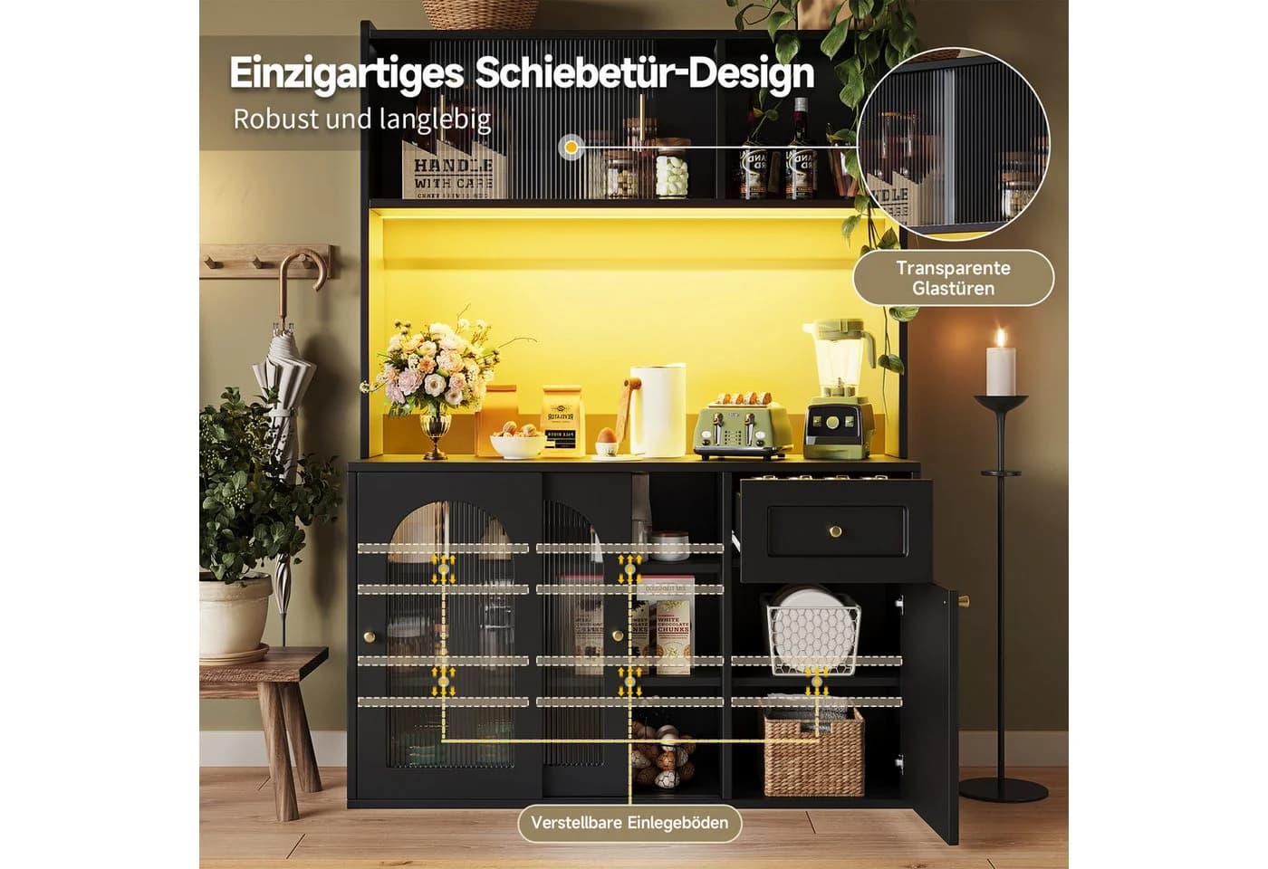 Odikalo Küchenbuffet Weiß mit Glasschiebetüren und Kippschutz - Bild 5