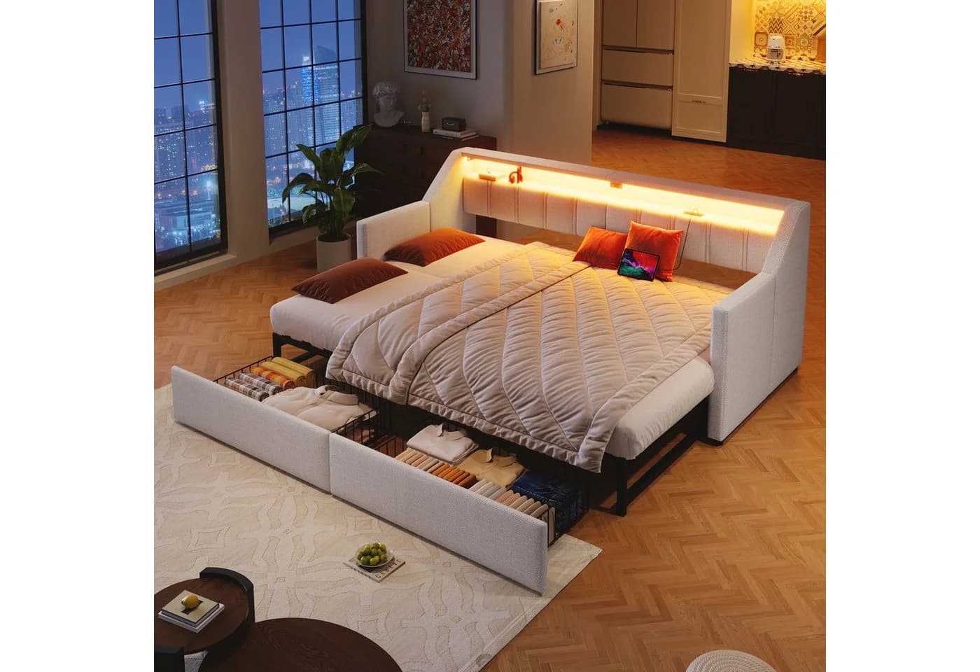 Odikalo Ausziehbett Schlafsofa Beige/Grau mit USB & Stauraum