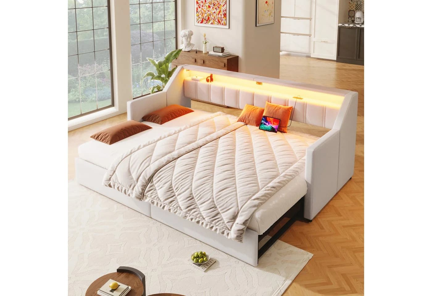 Odikalo Ausziehbett Schlafsofa Beige/Grau mit USB & Stauraum - Bild 2