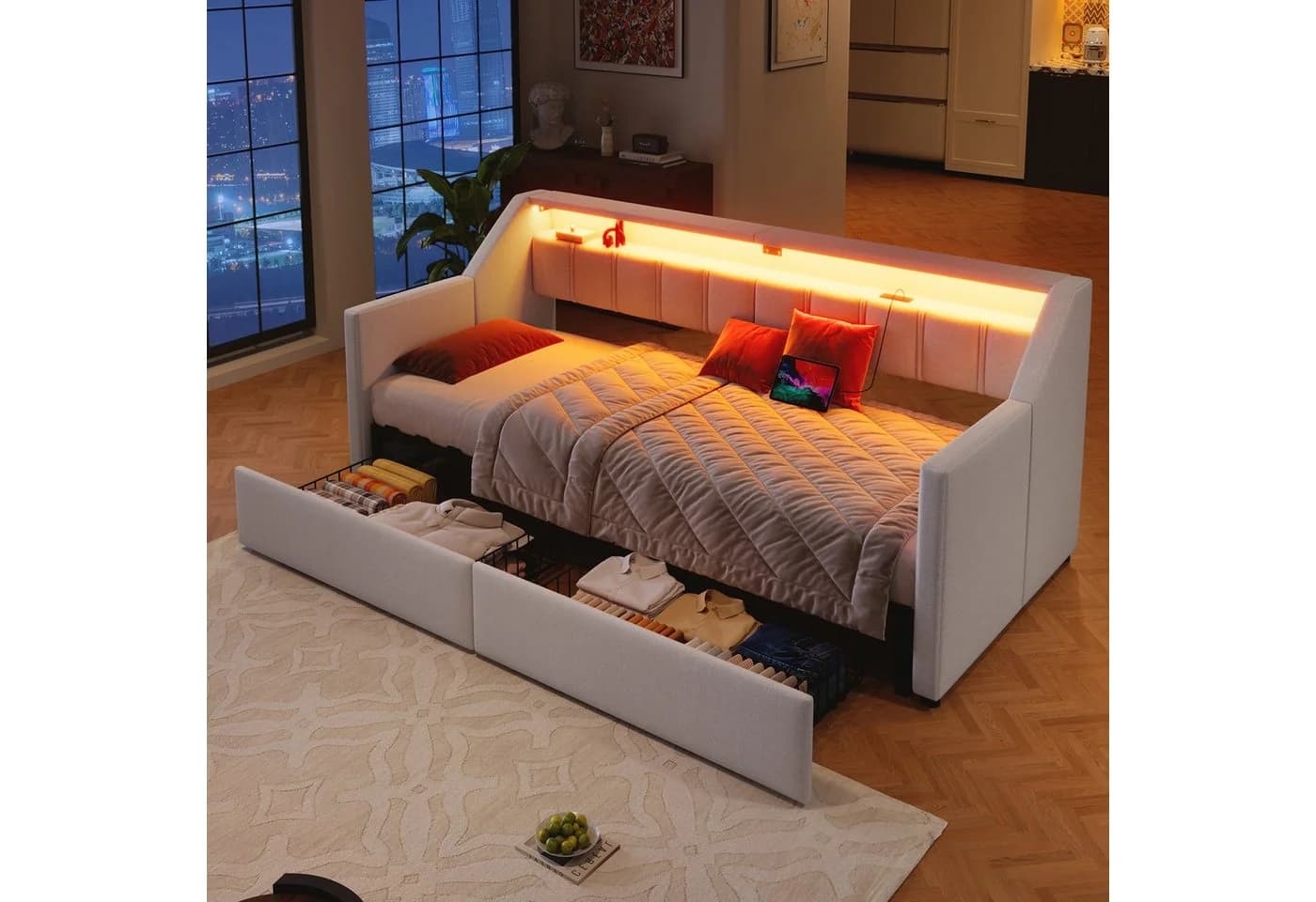 Odikalo Ausziehbett Schlafsofa Beige/Grau mit USB & Stauraum - Bild 3