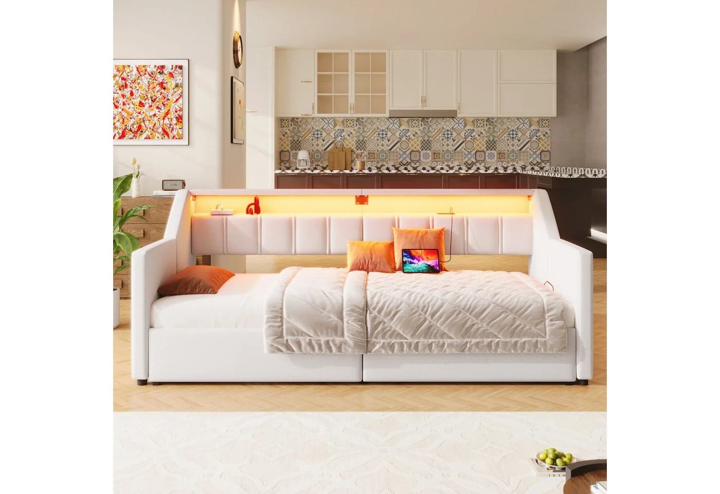 Odikalo Ausziehbett Schlafsofa Beige/Grau mit USB & Stauraum - Bild 4