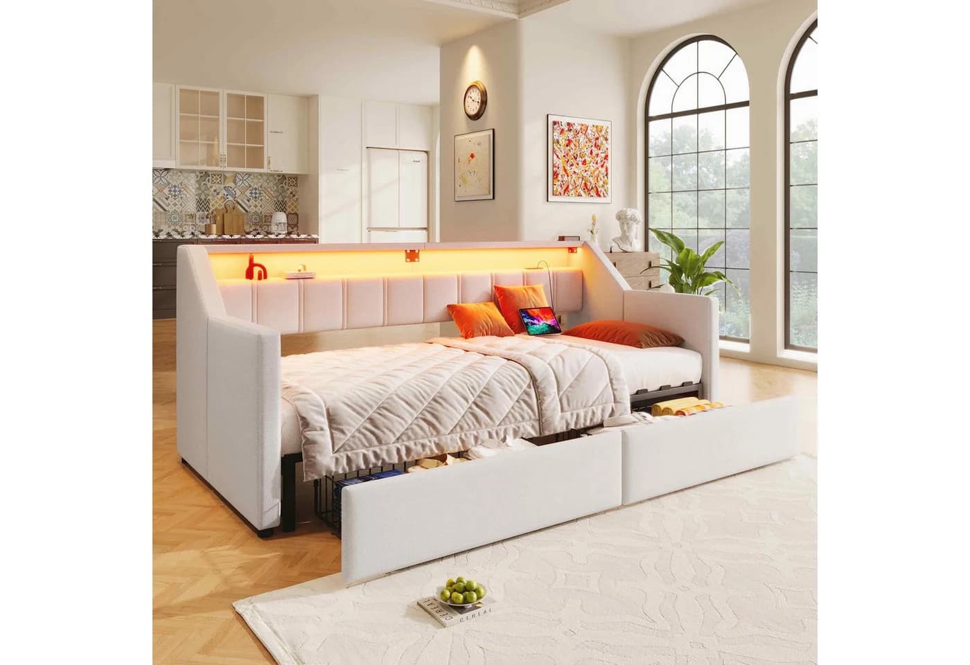 Odikalo Ausziehbett Schlafsofa Beige/Grau mit USB & Stauraum - Bild 5