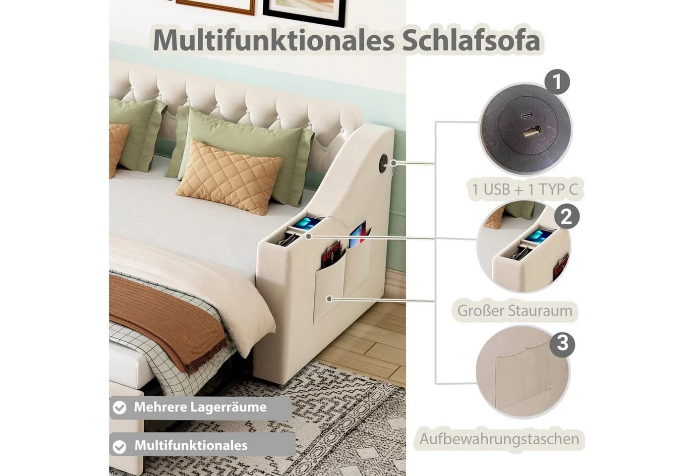 Odikalo Schlafsofa mit USB und Stauraum Beige/Grau - Bild 4