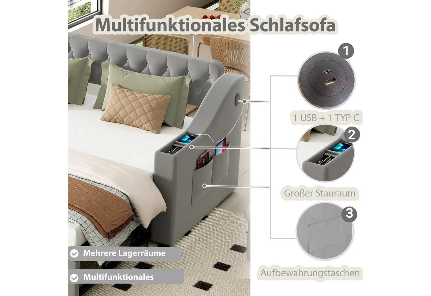 Odikalo Schlafsofa mit USB und Lattenrost Grau/Beige - Bild 4