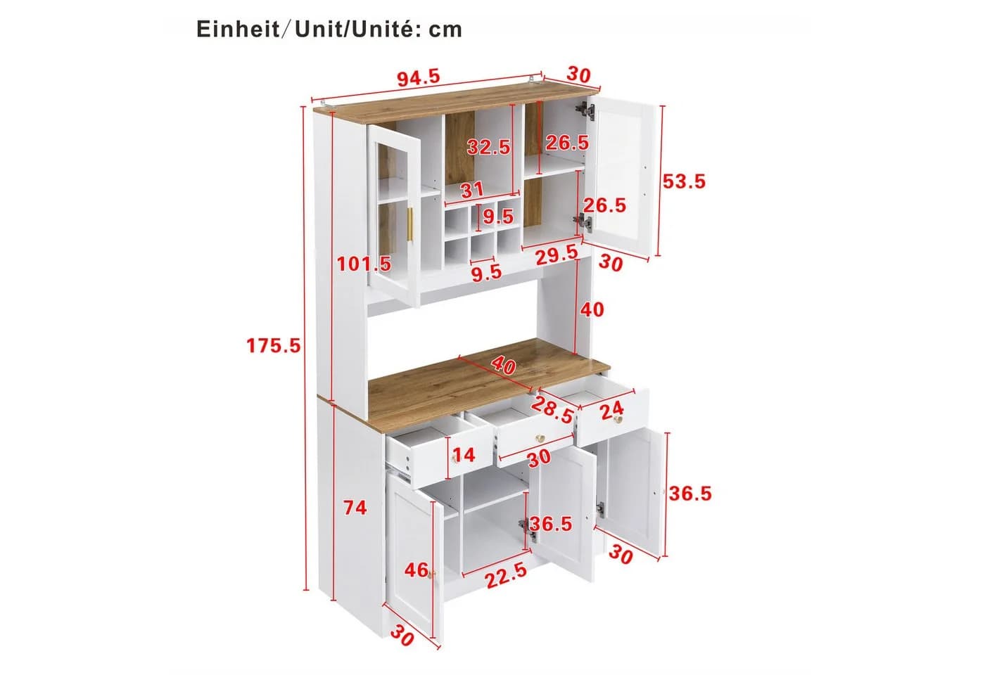 Odikalo Küchenbuffet Sideboard Hochschrank Weiß Holzmaserung - Bild 4