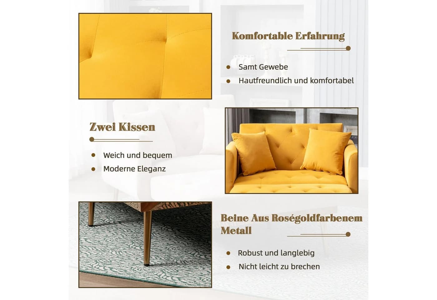 Odikalo Schlafsofa Chaiselongue Loungesofa Sessel Polstersofa Velvet/Teddy Gelb - Bild 3