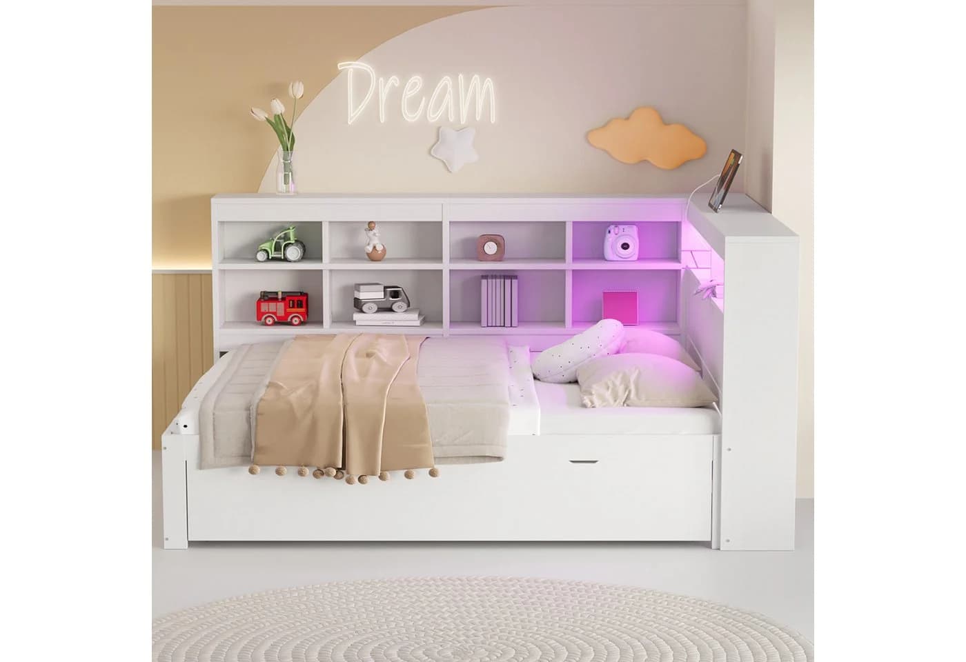 Odikalo Massivholzbett Schlafsofa mit Stauraum, USB & LED Weiß/Grau
