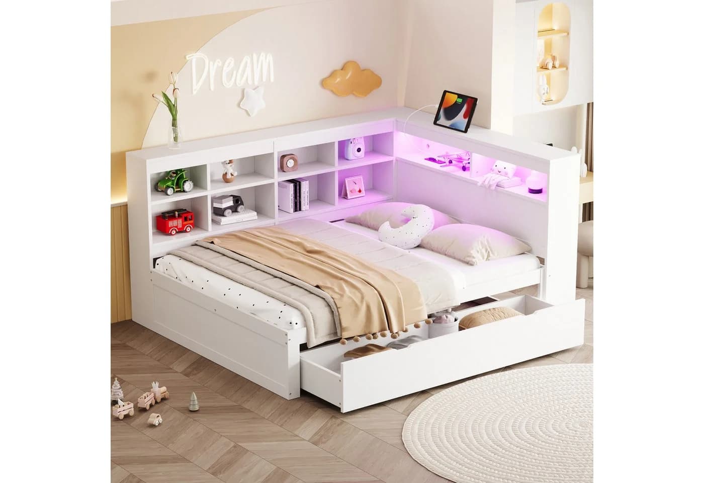 Odikalo Massivholzbett Schlafsofa mit Stauraum, USB & LED Weiß/Grau - Bild 2
