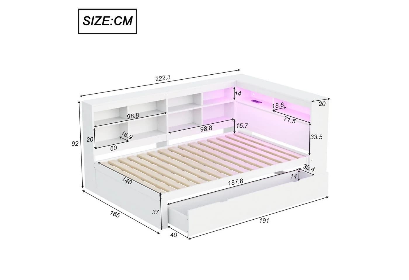 Odikalo Massivholzbett Schlafsofa mit Stauraum, USB & LED Weiß/Grau - Bild 4