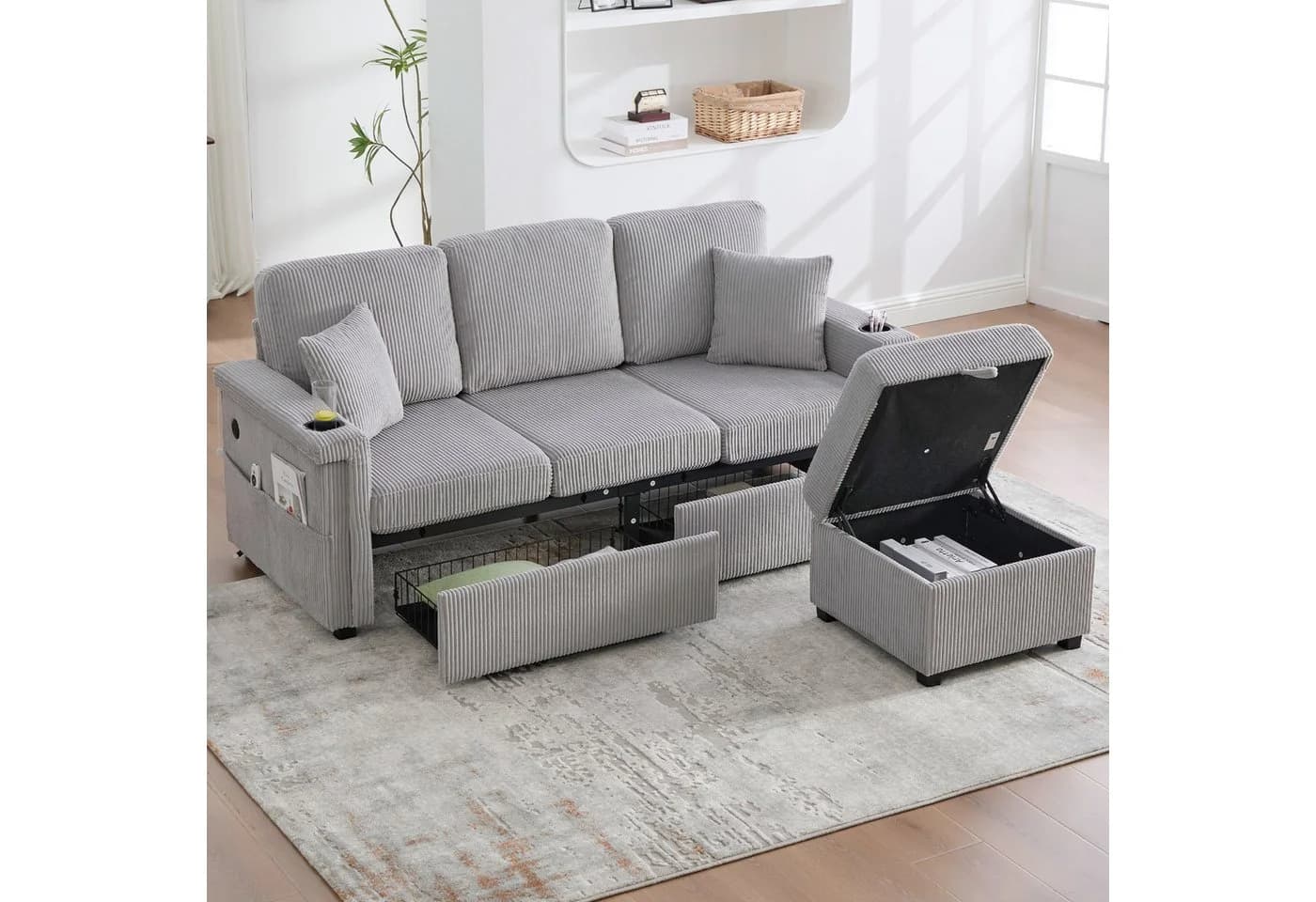 Odikalo Ecksofa mit Schlaffunktion Grau Cord - Bild 2
