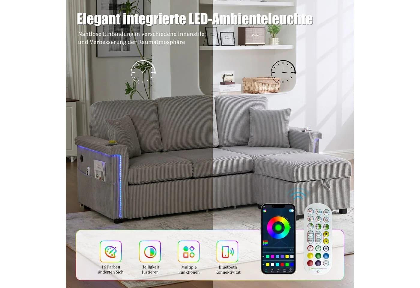 Odikalo Ecksofa mit Schlaffunktion Grau Cord - Bild 3