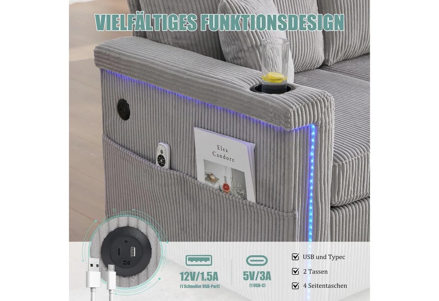 Odikalo Ecksofa mit Schlaffunktion Grau Cord - Bild 4