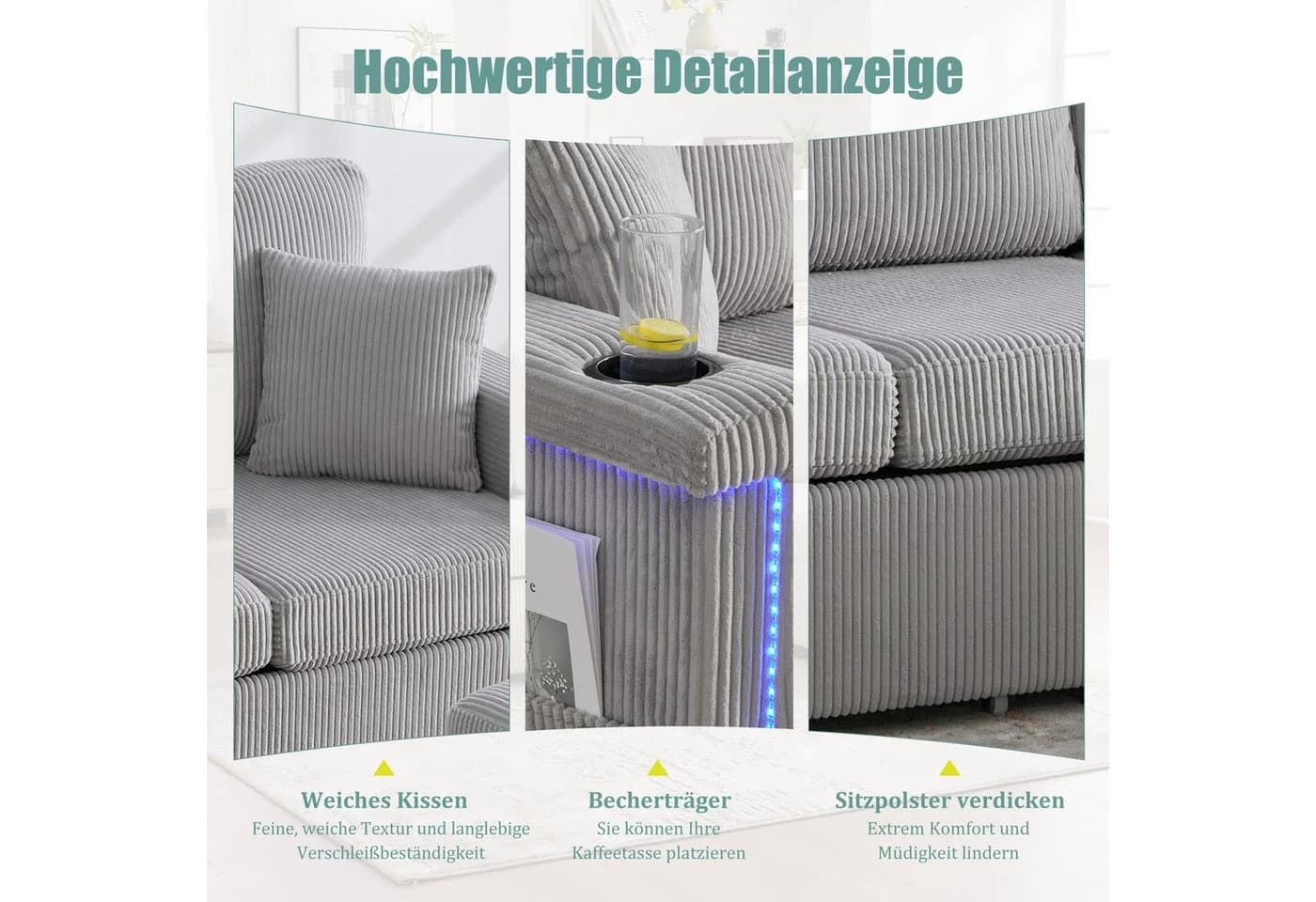 Odikalo Ecksofa mit Schlaffunktion Grau Cord - Bild 5