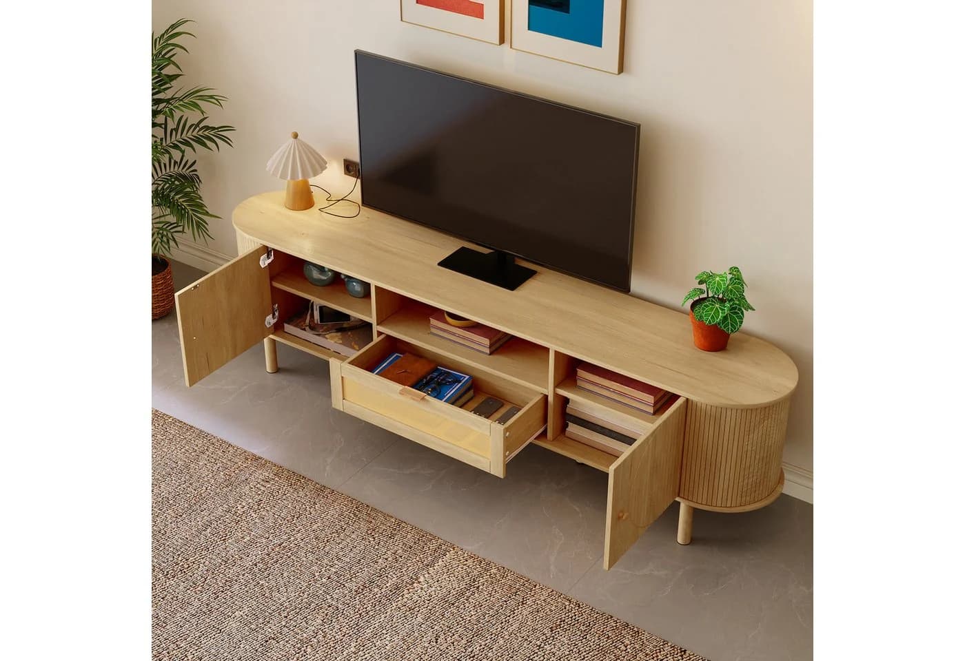 Odikalo Lowboard TV-Schrank Rattan-Schubladen 175 cm
