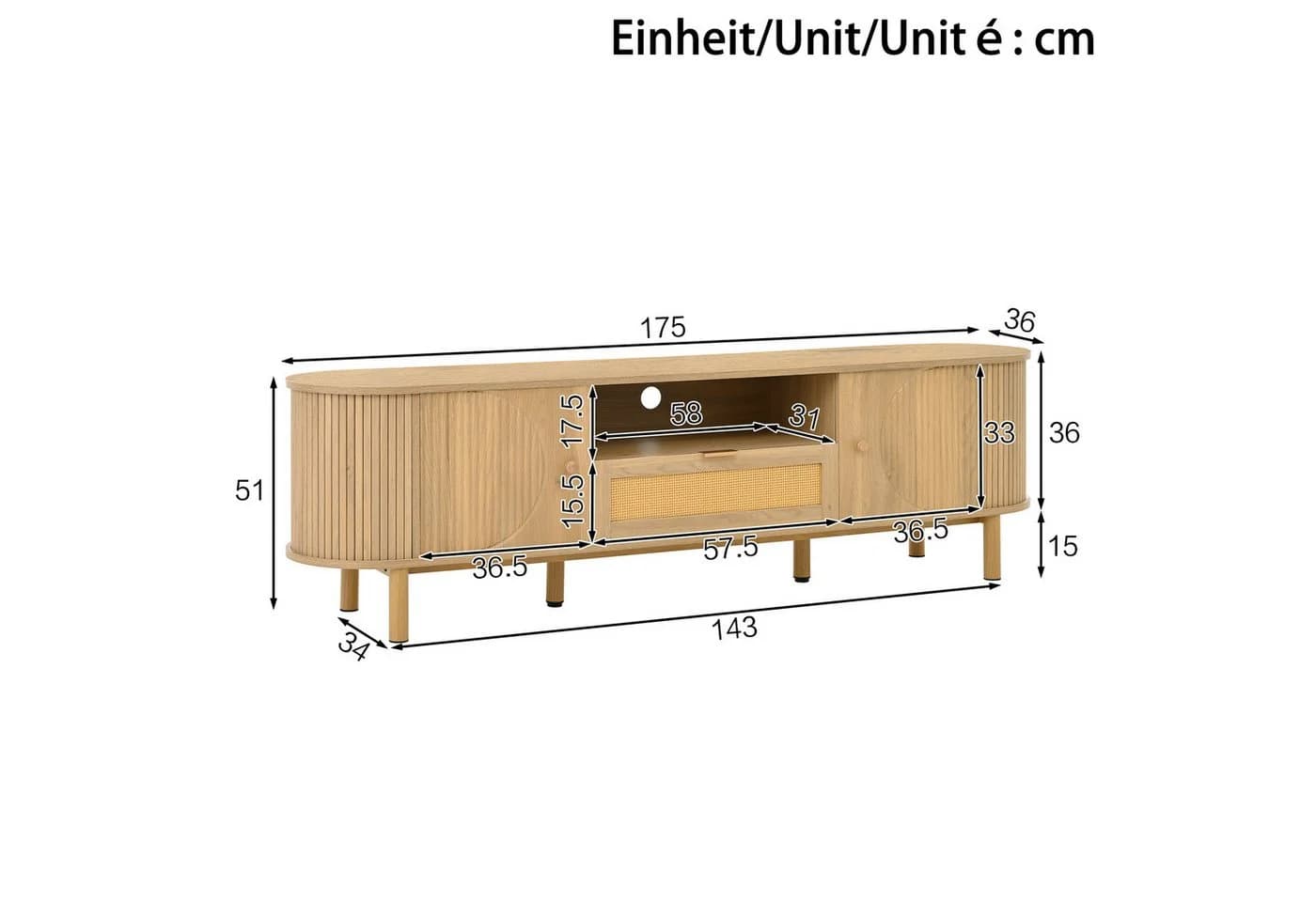 Odikalo Lowboard TV-Schrank Rattan-Schubladen 175 cm - Bild 5