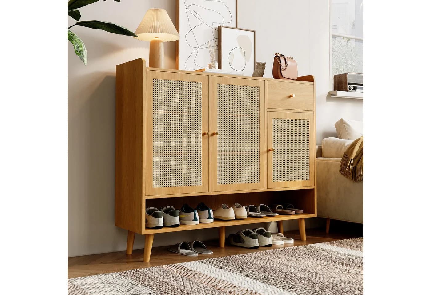 Odikalo Sideboard Anrichte Schuhschrank Natur Spanplatte Massivholzbeine - Bild 2