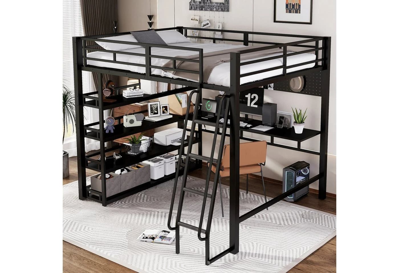 Odikalo Hochbett 140x200 Metallbett mit Schreibtisch Stauraum