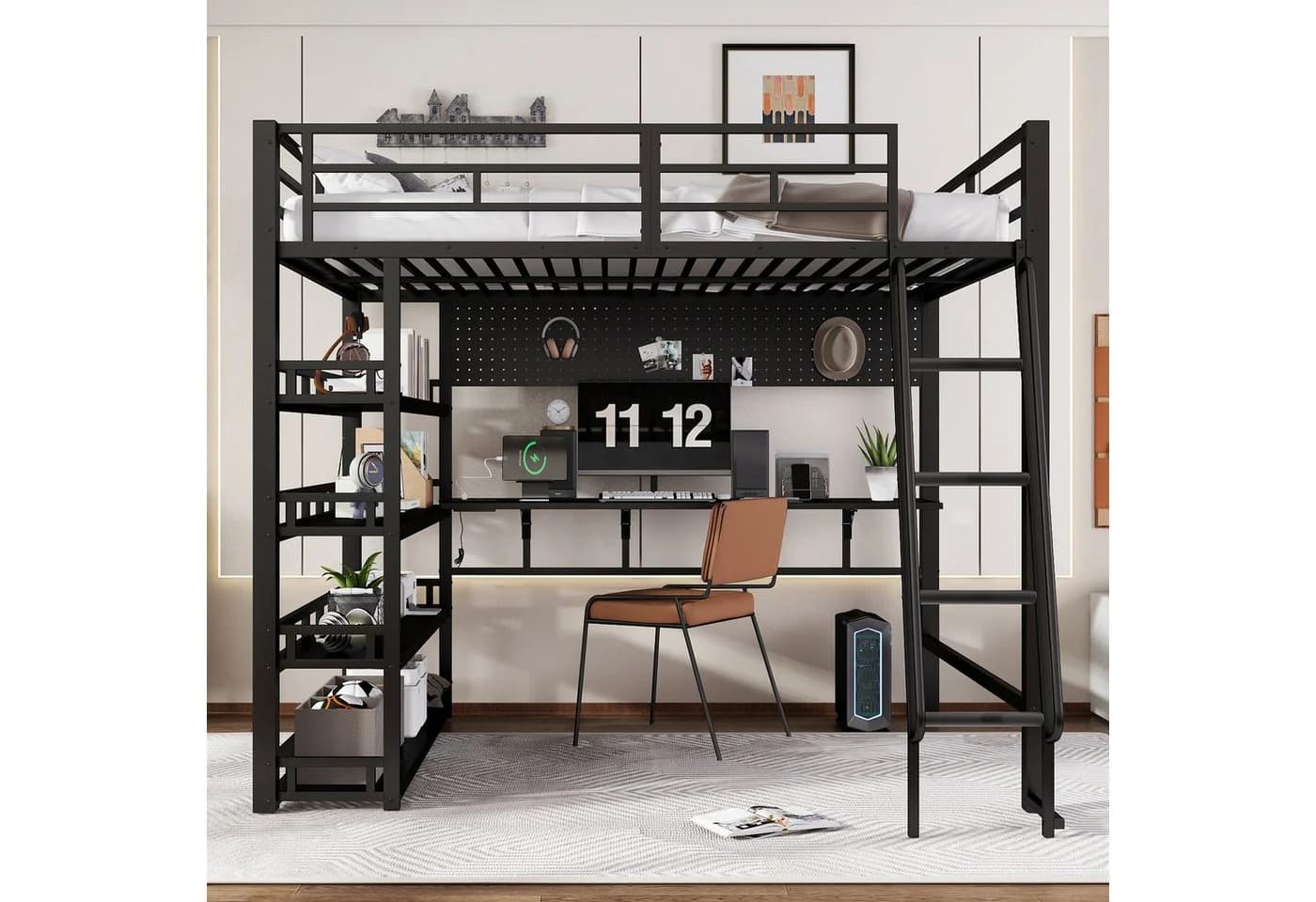 Odikalo Hochbett 140x200 Metallbett mit Schreibtisch Stauraum - Bild 2
