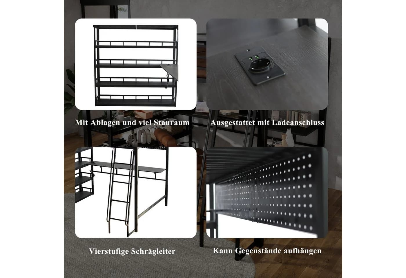 Odikalo Hochbett 140x200 Metallbett mit Schreibtisch Stauraum - Bild 3
