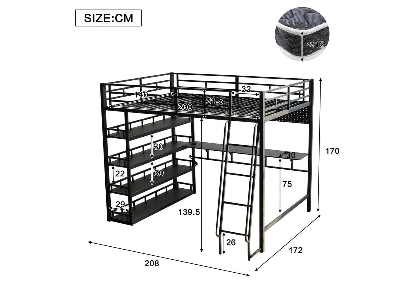 Odikalo Hochbett 140x200 Metallbett mit Schreibtisch Stauraum - Bild 5