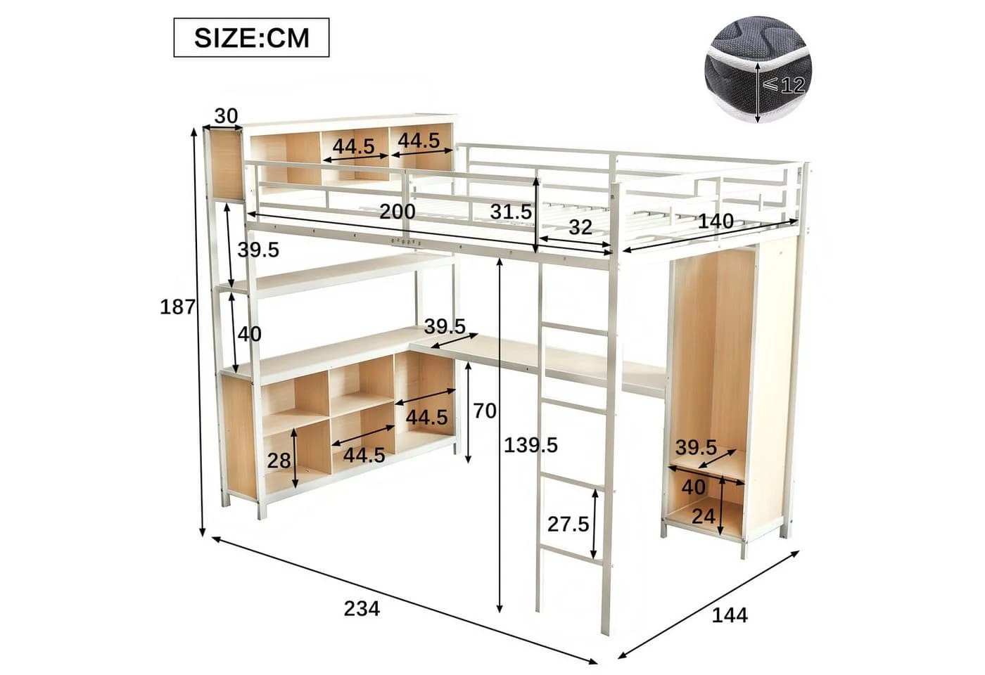 Odikalo Hochbett 140x200cm Metallbett mit Schreibtisch - Bild 5