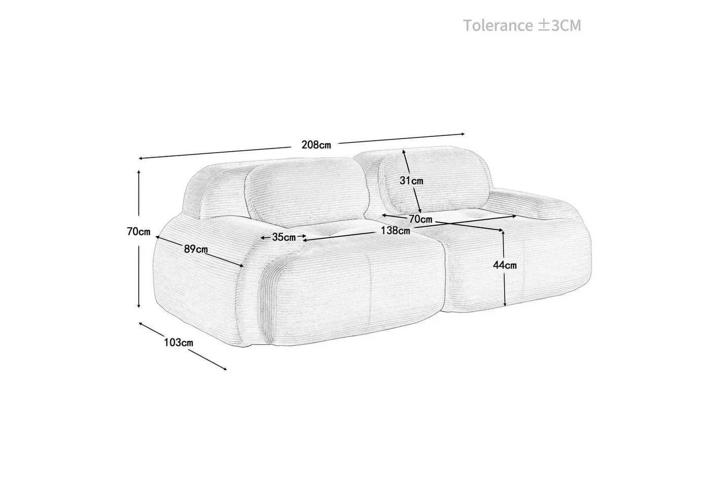 Odikalo 2-Sitzer Polstersofa Chaiselongue Mehrfarbig, 82'' Loveseat-Sofa aus Cordsamt - Bild 5