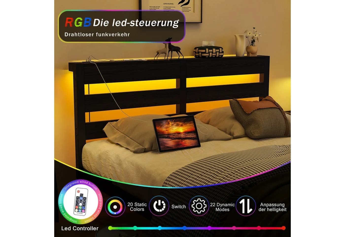 Odikalo Polsterbett Metallbett mit LED-Beleuchtung und USB-Anschlüssen Schwarz - Bild 3