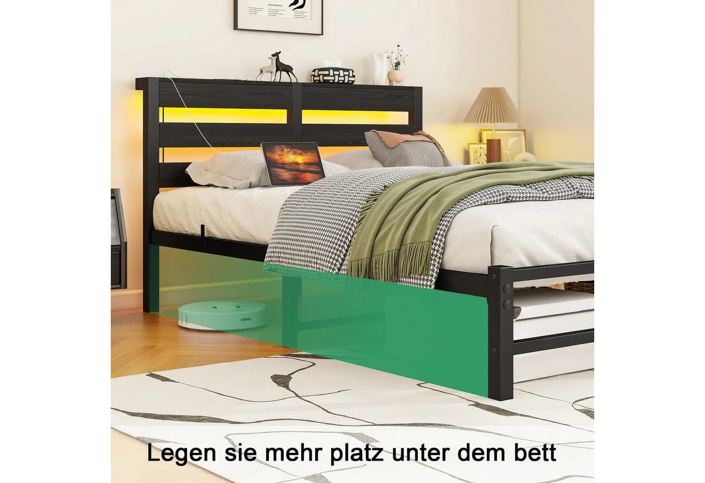 Odikalo Polsterbett Metallbett mit LED-Beleuchtung und USB-Anschlüssen Schwarz - Bild 4