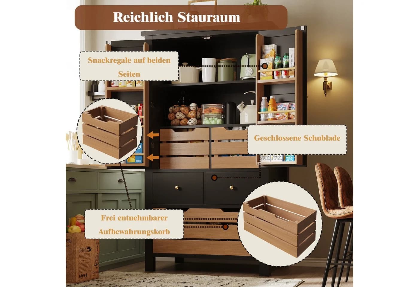 Odikalo Küchenbuffet 80x40x140cm Schwarz/Weiß 5 Schubladen - Bild 3
