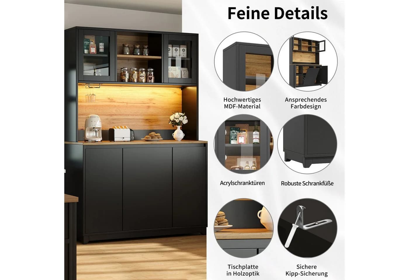 Odikalo Sideboard Schwarz mit LED-Beleuchtung und Acryltüren - Bild 5