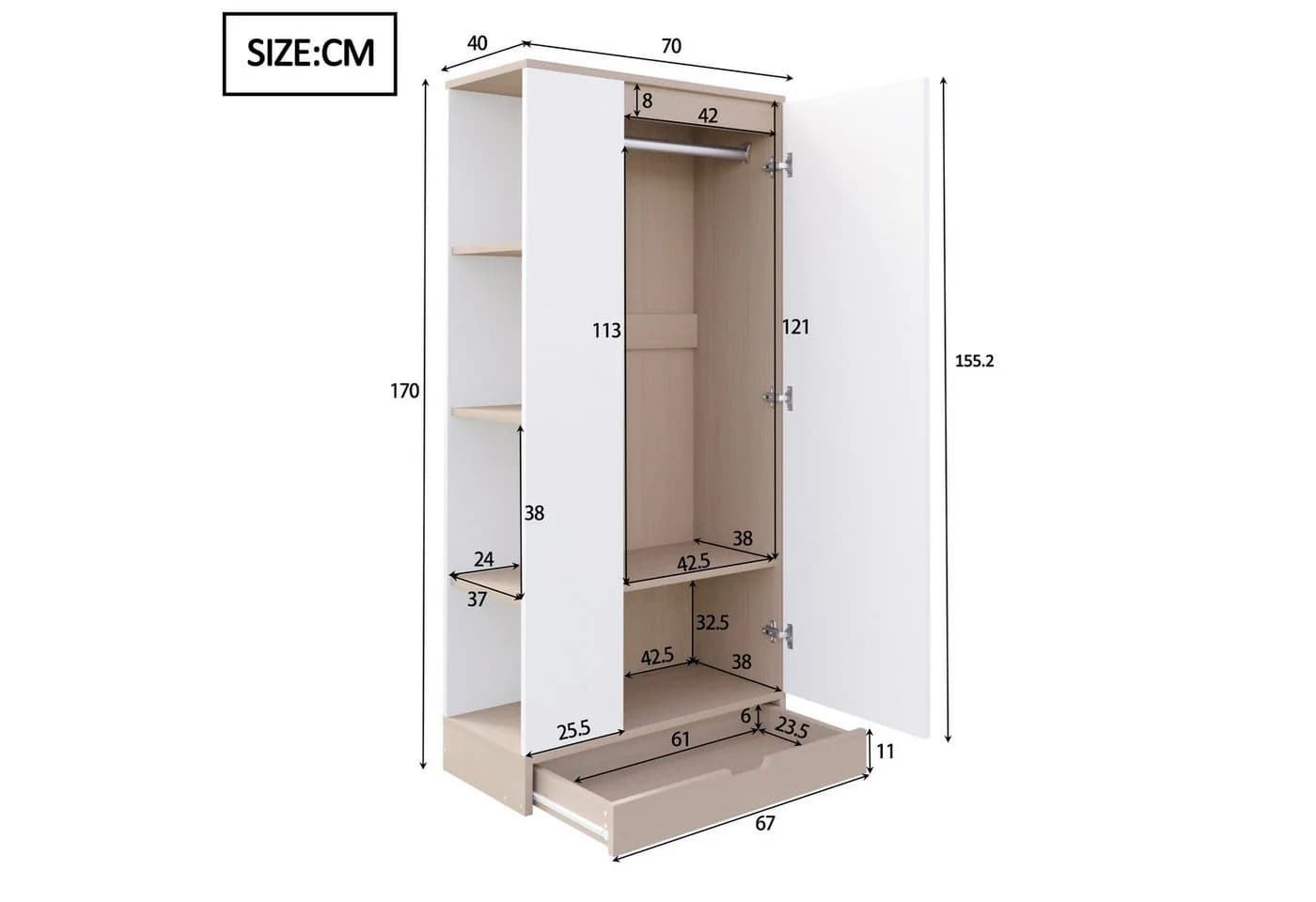 Odikalo Eckkleiderschrank mit Schubladen weiss - Bild 5